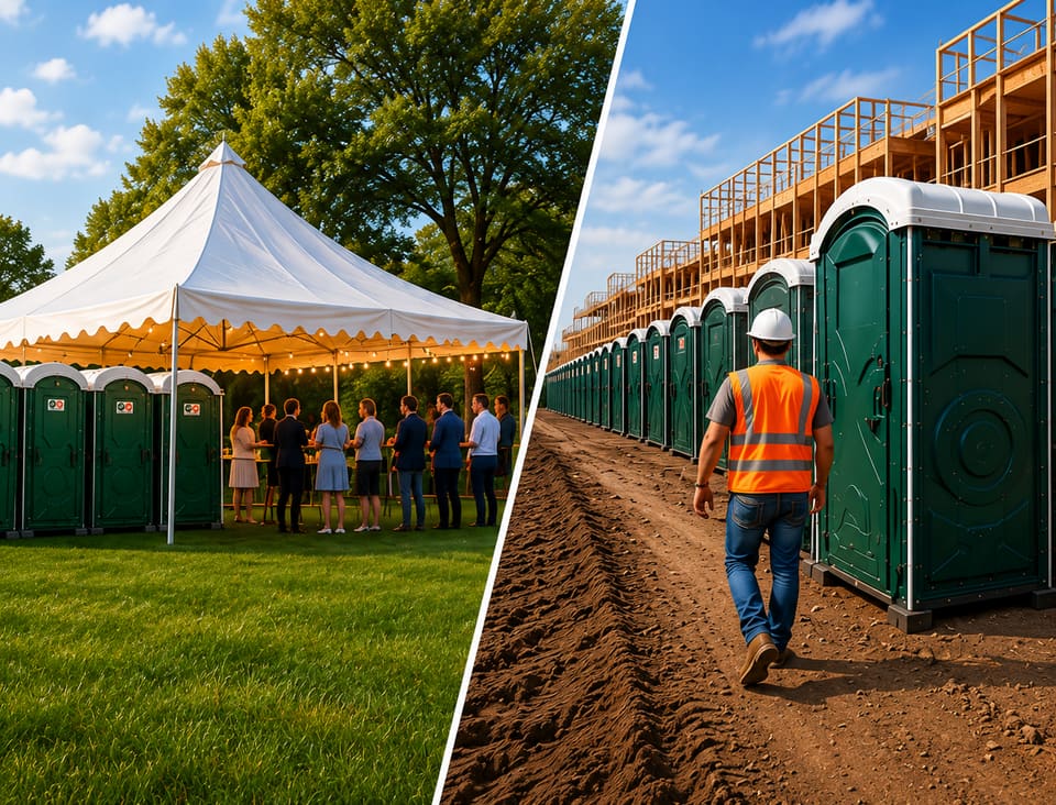 Portable restrooms lined up at an outdoor event on the left and along a construction site on the right